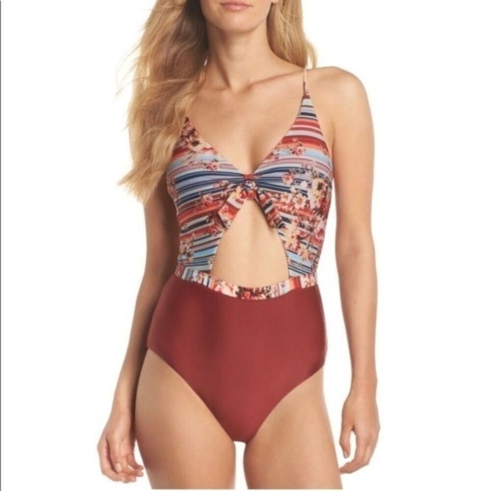 BCA Rebecca Virtue Cut Out One Piece Swimsuit XL Floral Striped Love Letter New